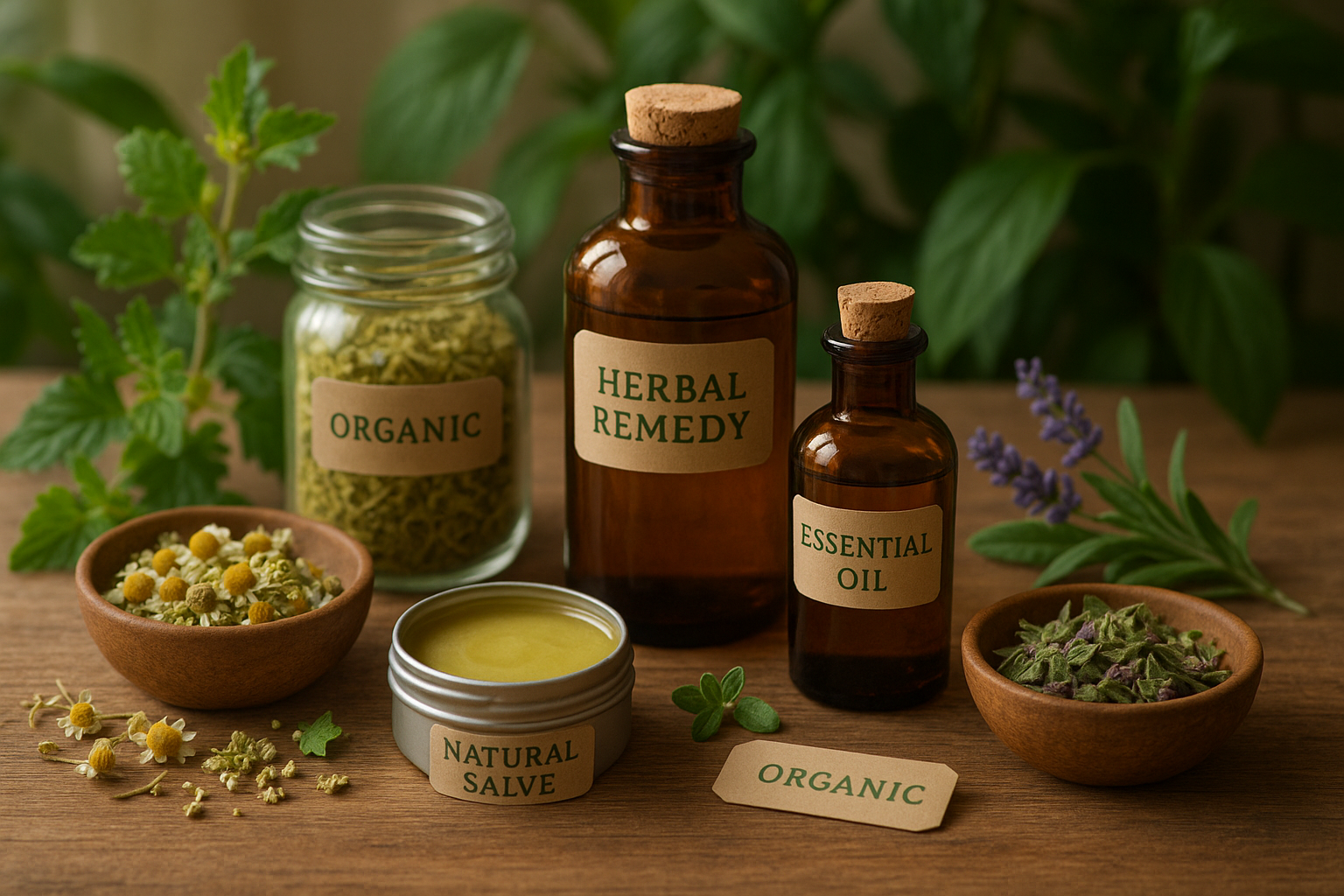 A beautiful arrangement of organic healing products including herbal remedies, essential oils, natural salves, dried herbs, and plant-based wellness items displayed on a wooden surface with natural lighting
